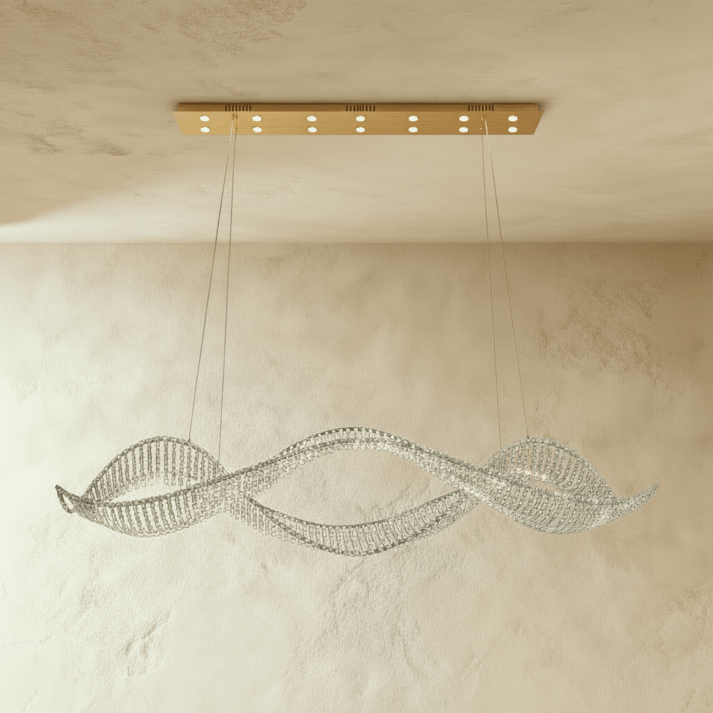 Undulating Crystal Arc Chandelier In Brushed Steel With Gold Or Chrome Finish