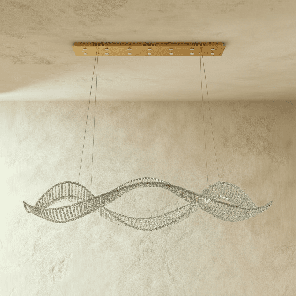 Undulating Crystal Arc Chandelier In Brushed Steel With Gold Or Chrome Finish