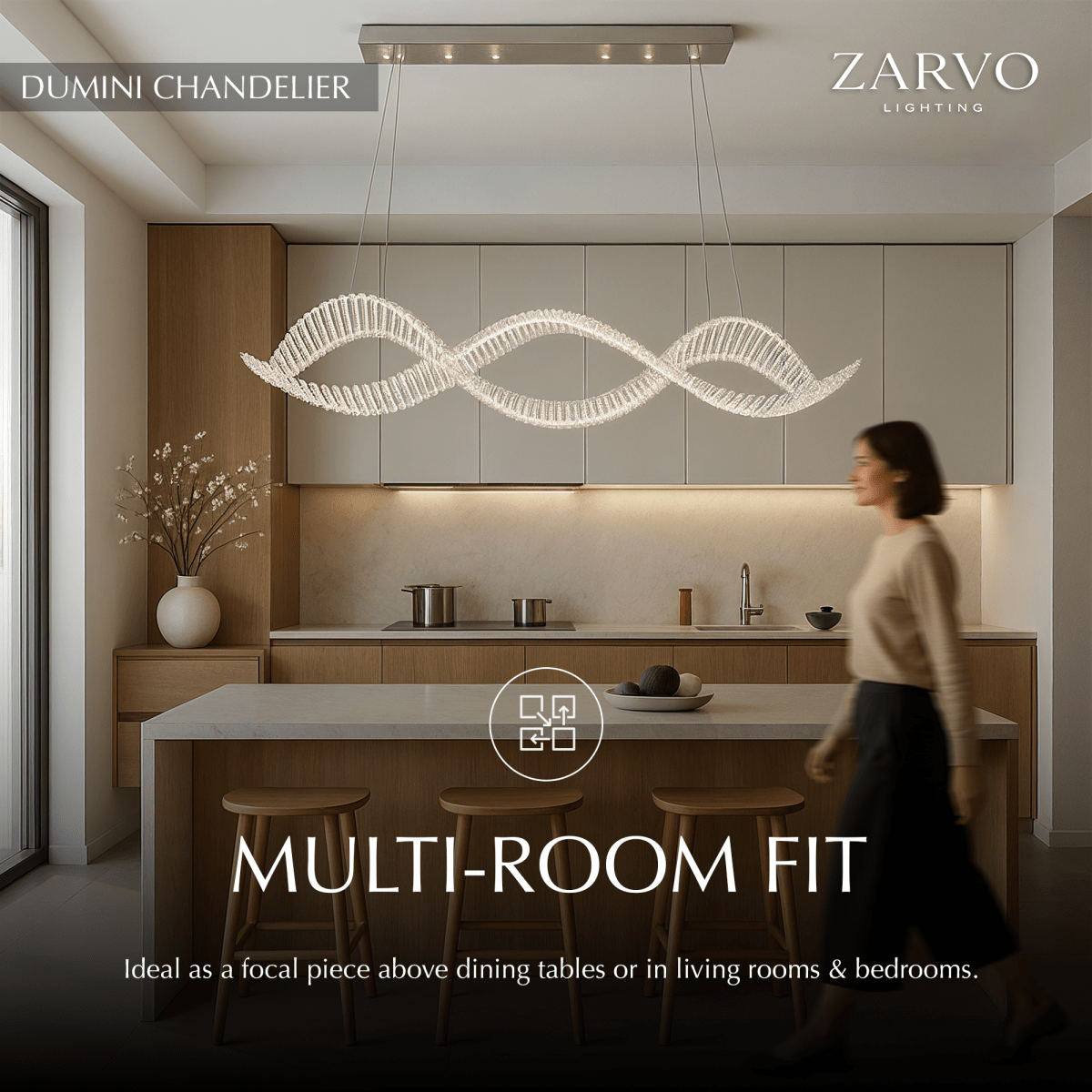 Undulating Crystal Arc Chandelier In Brushed Steel With Gold Or Chrome Finish
