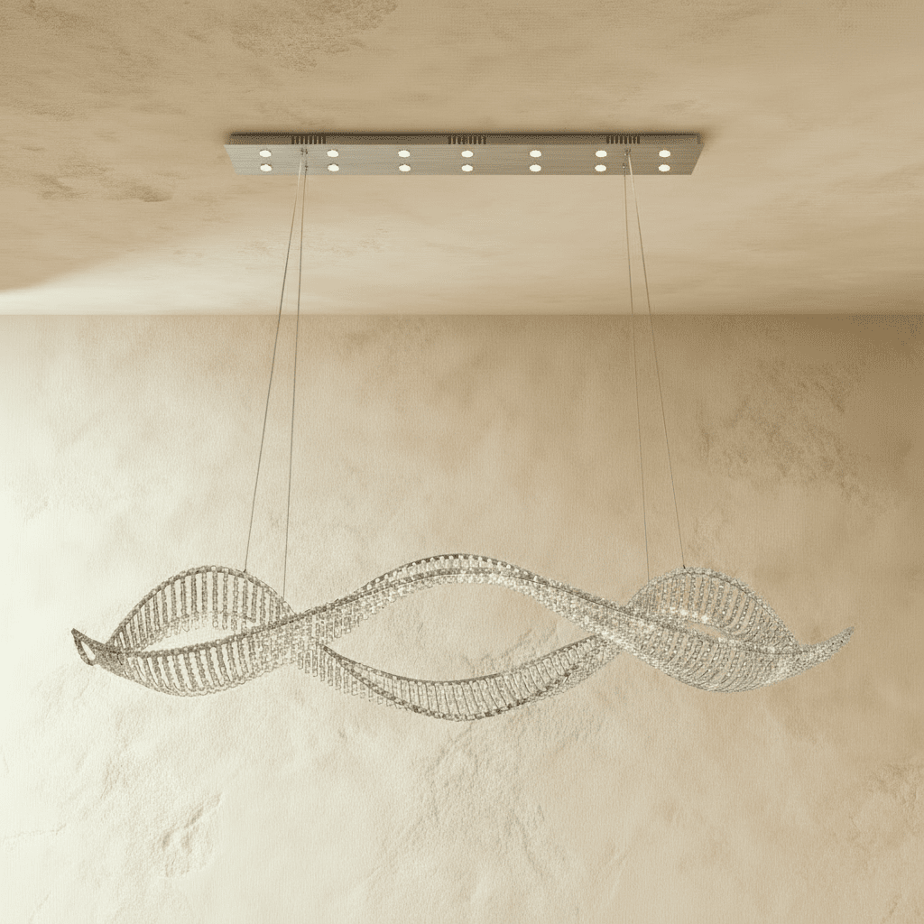Undulating Crystal Arc Chandelier In Brushed Steel With Gold Or Chrome Finish