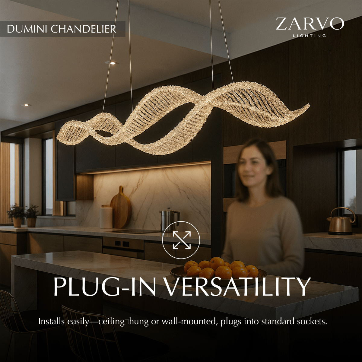 Undulating Crystal Arc Chandelier In Brushed Steel With Gold Or Chrome Finish