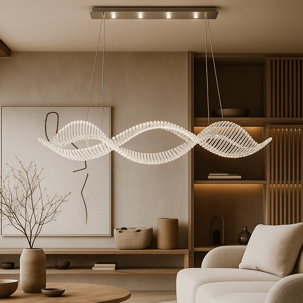 Undulating Crystal Arc Chandelier In Brushed Steel With Gold Or Chrome Finish