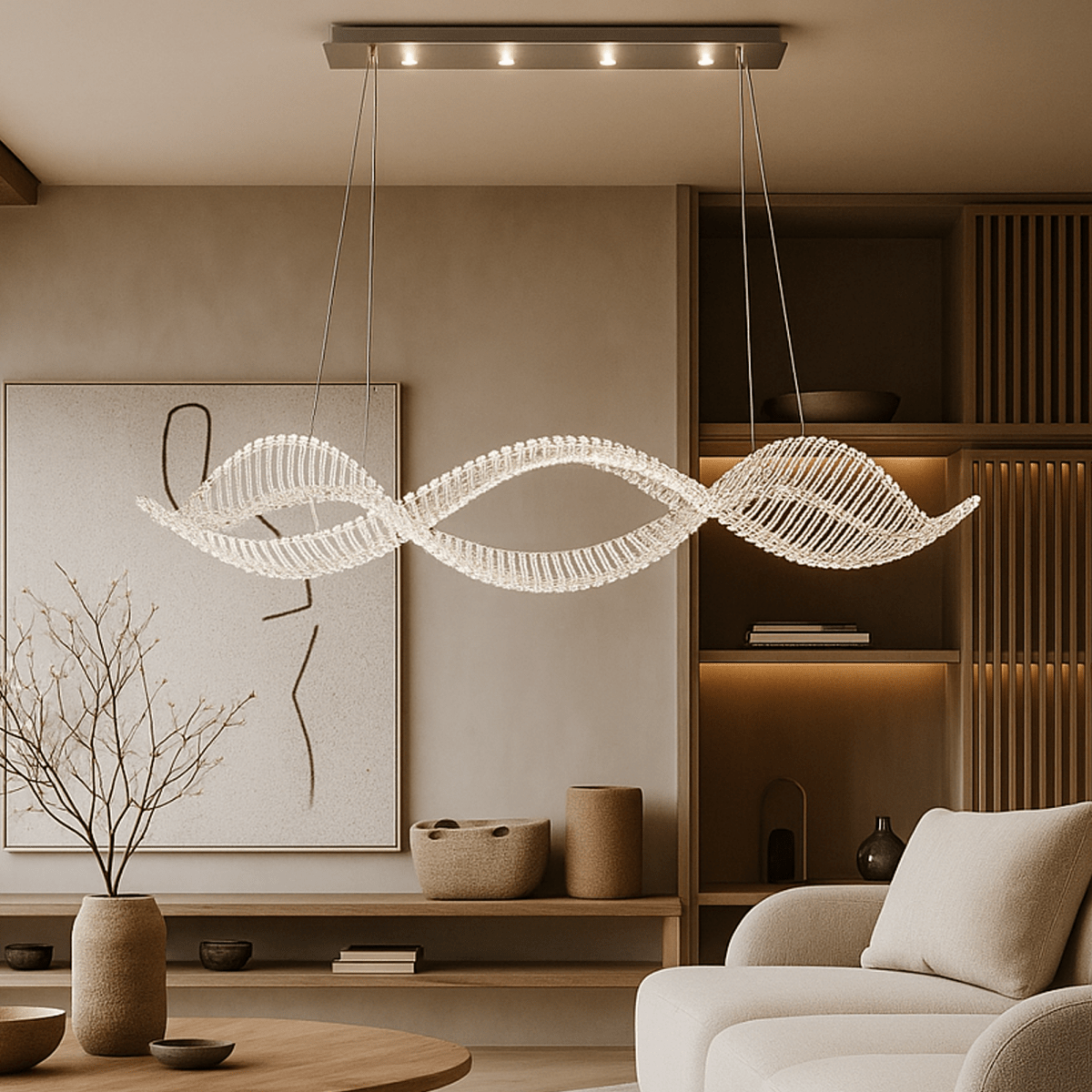 Undulating Crystal Arc Chandelier In Brushed Steel With Gold Or Chrome Finish