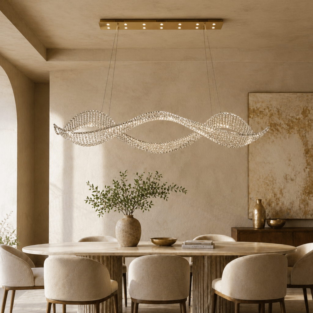 Undulating Crystal Arc Chandelier In Brushed Steel With Gold Or Chrome Finish