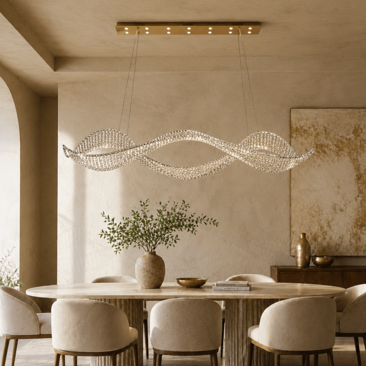Undulating Crystal Arc Chandelier In Brushed Steel With Gold Or Chrome Finish