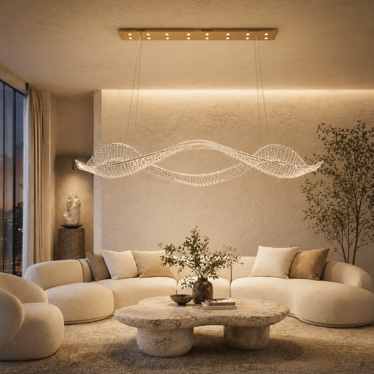 Undulating Crystal Arc Chandelier In Brushed Steel With Gold Or Chrome Finish