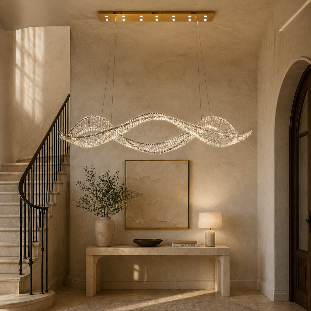 Undulating Crystal Arc Chandelier In Brushed Steel With Gold Or Chrome Finish