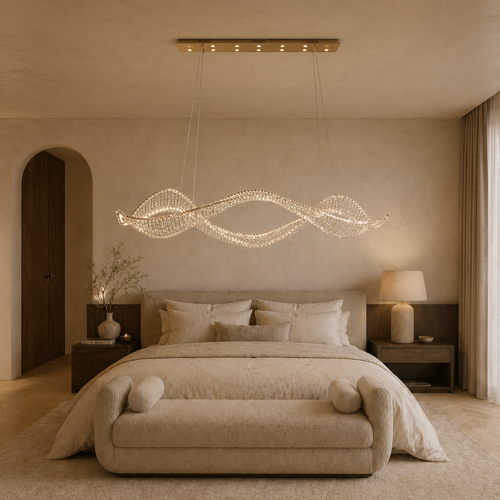 Undulating Crystal Arc Chandelier In Brushed Steel With Gold Or Chrome Finish