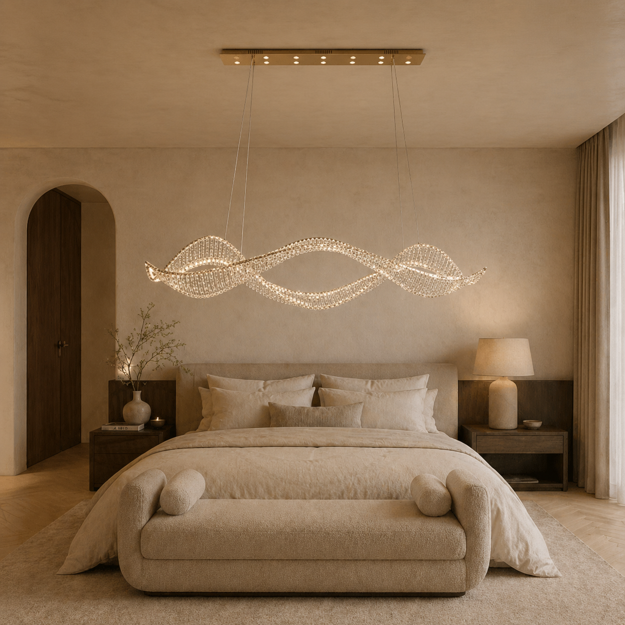 Undulating Crystal Arc Chandelier In Brushed Steel With Gold Or Chrome Finish