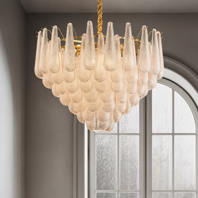 Mid-Century Glasblüten-Kronleuchter mit kreisförmigem Rahmen und goldenen Akzenten