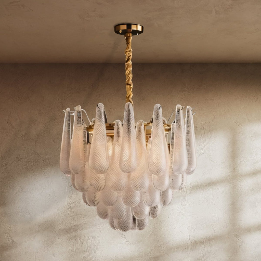 Mid-Century Glasblüten-Kronleuchter mit kreisförmigem Rahmen und goldenen Akzenten