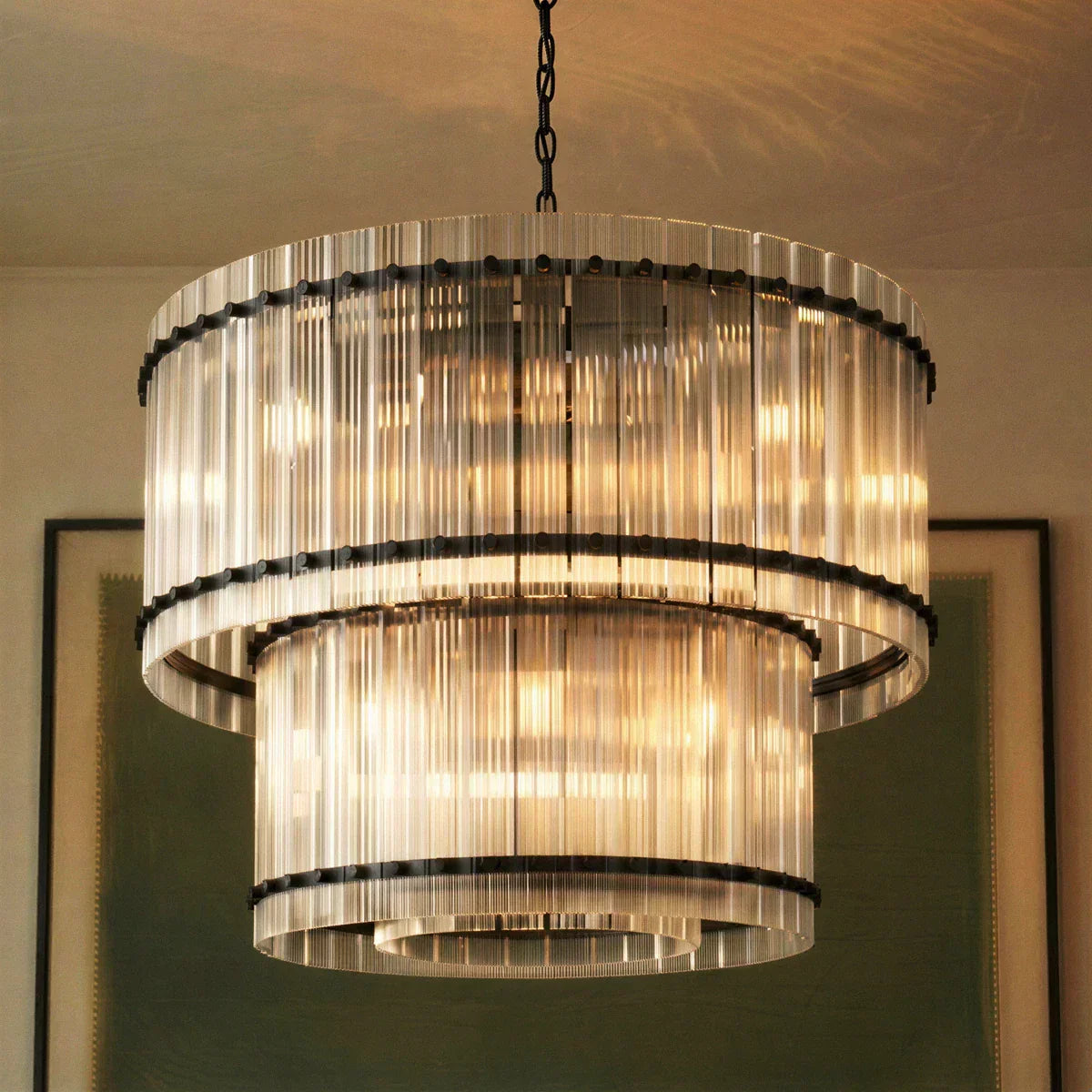 Lumora Two Tier Glass Chandelier With Hand Raked Panels And Soft Glow