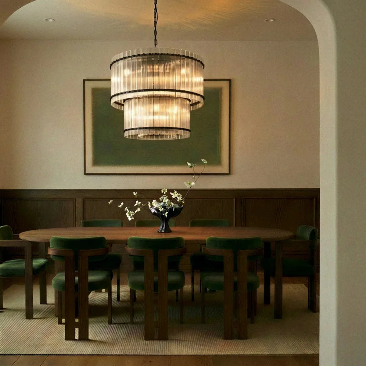 Lumora Two Tier Glass Chandelier With Hand Raked Panels And Soft Glow