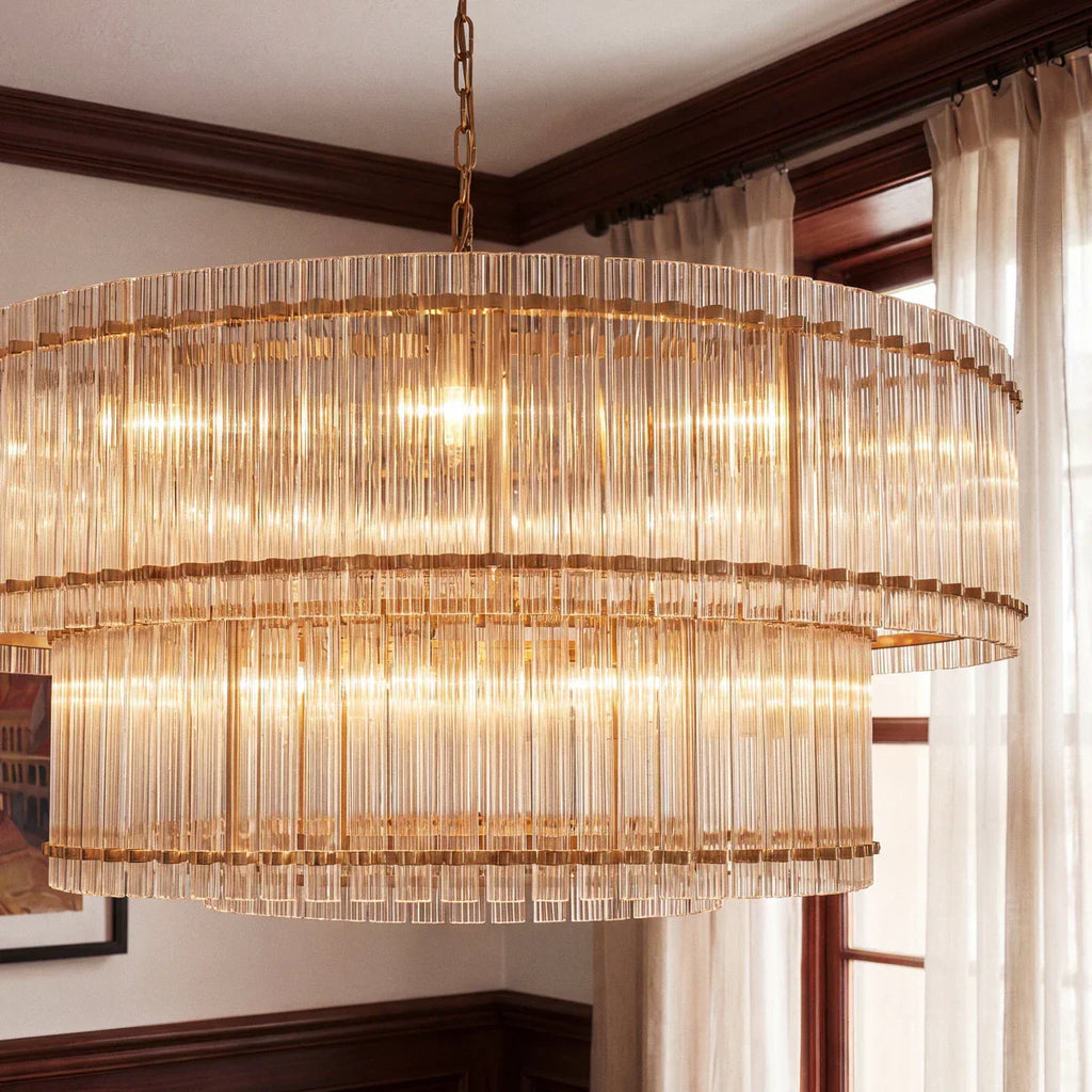 Lumora Two Tier Glass Chandelier With Hand Raked Panels And Soft Glow