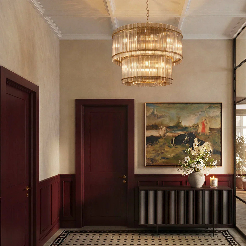 Lumora Two Tier Glass Chandelier With Hand Raked Panels And Soft Glow
