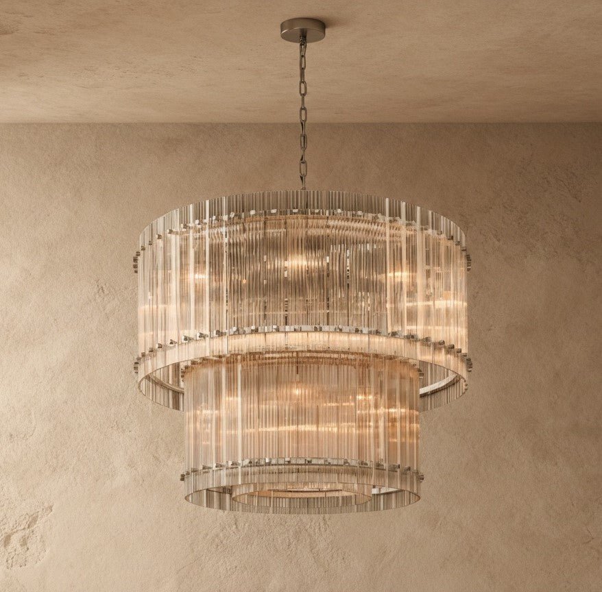 Lumora Two Tier Glass Chandelier With Hand Raked Panels And Soft Glow