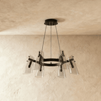 Lampadario Arcadia a forma di anello in rame con sei paralumi conici trasparenti