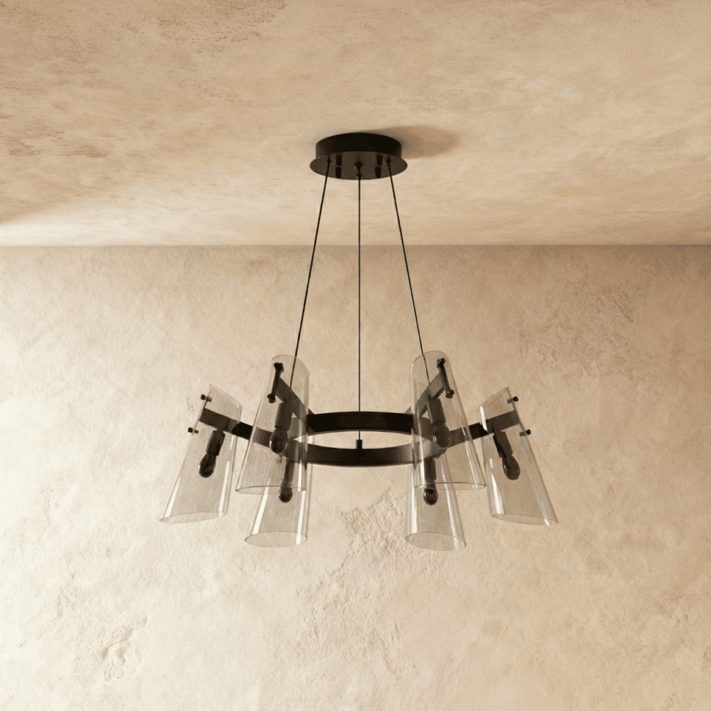Arcadia Copper Ring Chandelier Featuring Six Clear Conical Shades