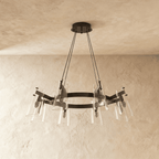 Lampadario Arcadia a forma di anello in rame con sei paralumi conici trasparenti
