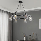 Lampadario Arcadia a forma di anello in rame con sei paralumi conici trasparenti