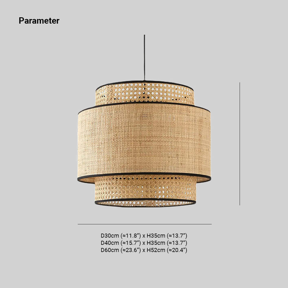Ritta Wabi Sabi Tri-Layer Cylindrical Rattan/Metal Pendant Light, Wooden | Fioriscas
