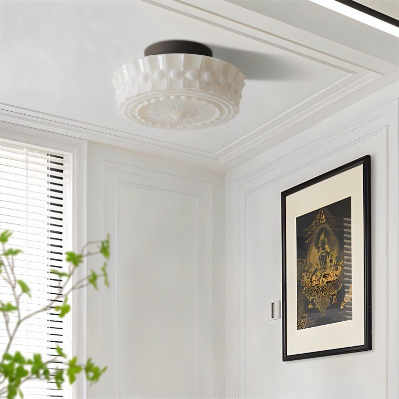 Aurora Vintage Inspired Sunburst Glass Flush Mount Ceiling Light With Beaded Trim