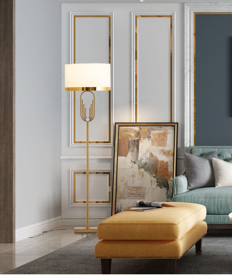 Lampa podłogowa Aurelia Gold w stylu Art Deco, abażur z tkaniny i pilot