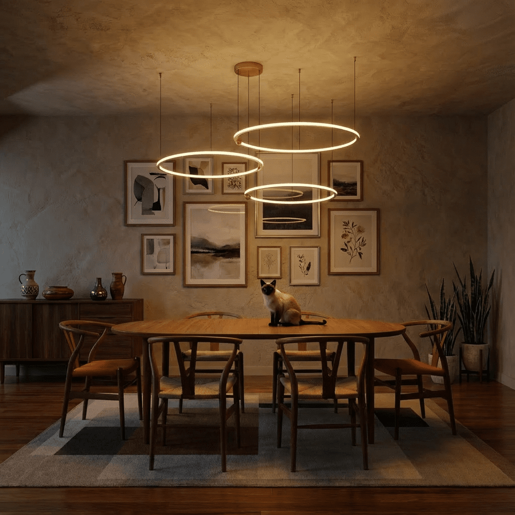 Radiant Copper Ring LED Chandelier With Floating Circular Orbits