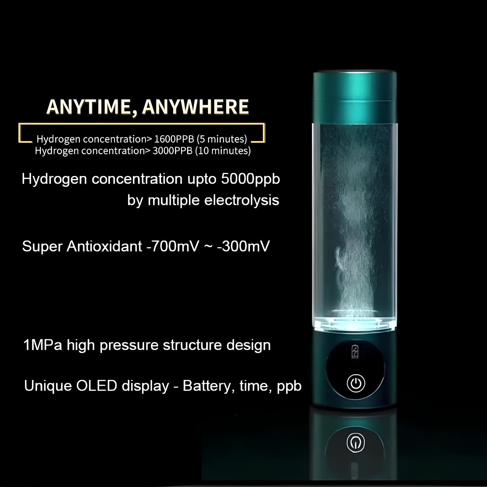 Přenosná vodíková láhev na vodu NovaHydro, dobíjecí ionizátor, 280 ml