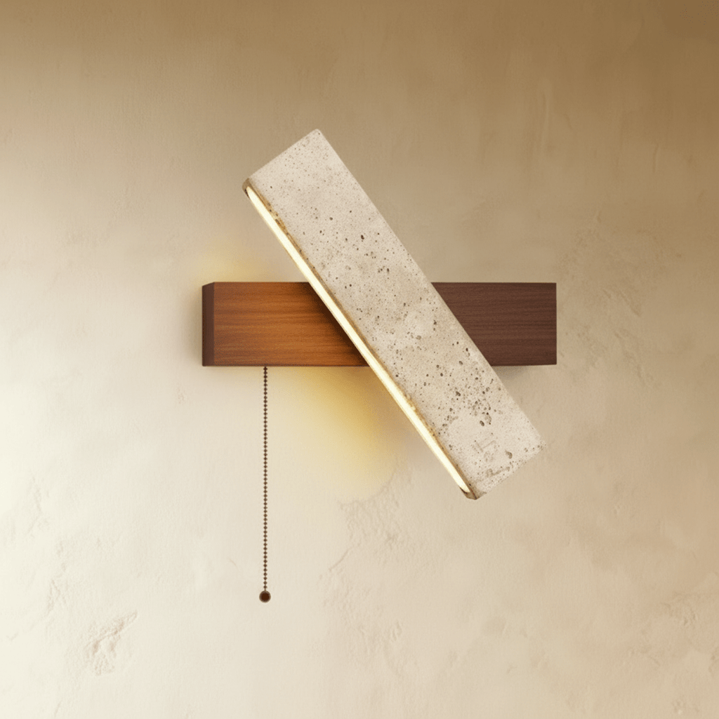 Emberwood Travertine Wall Lamp with Warm Wood Tone