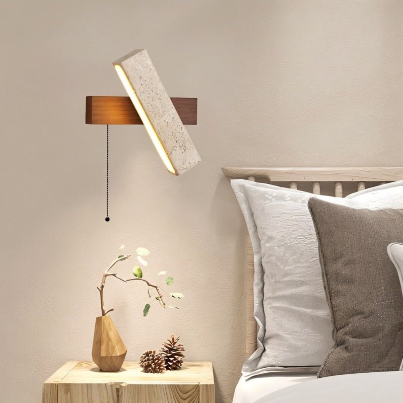 Emberwood Travertine Wall Lamp with Warm Wood Tone