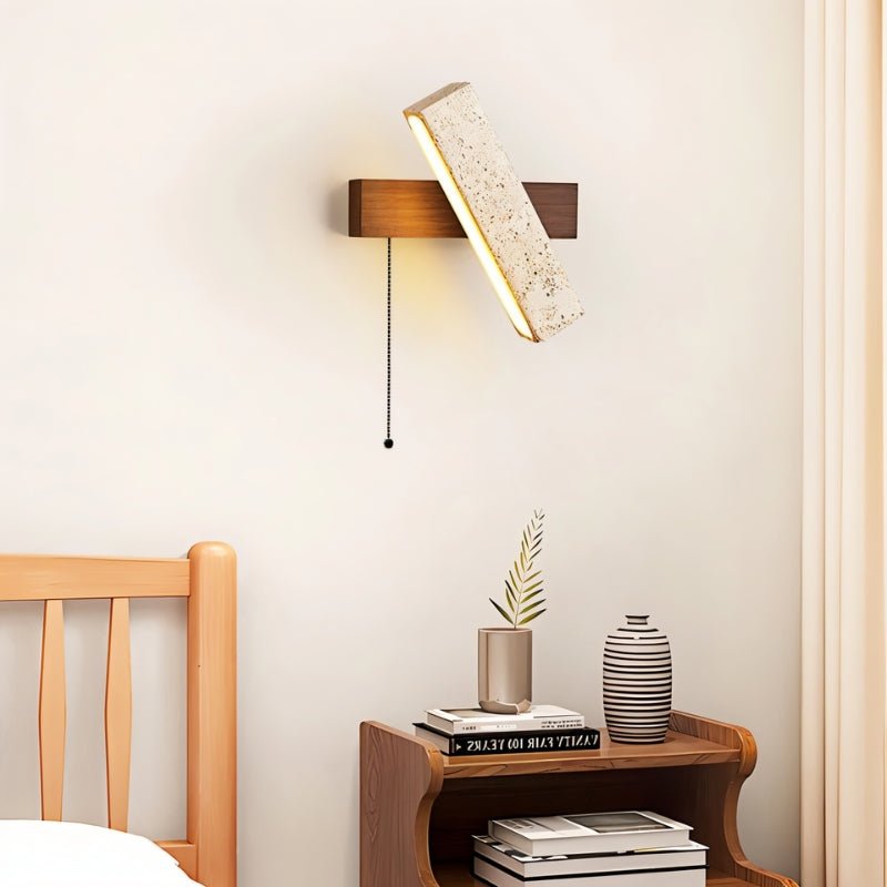 Emberwood Travertine Wall Lamp with Warm Wood Tone