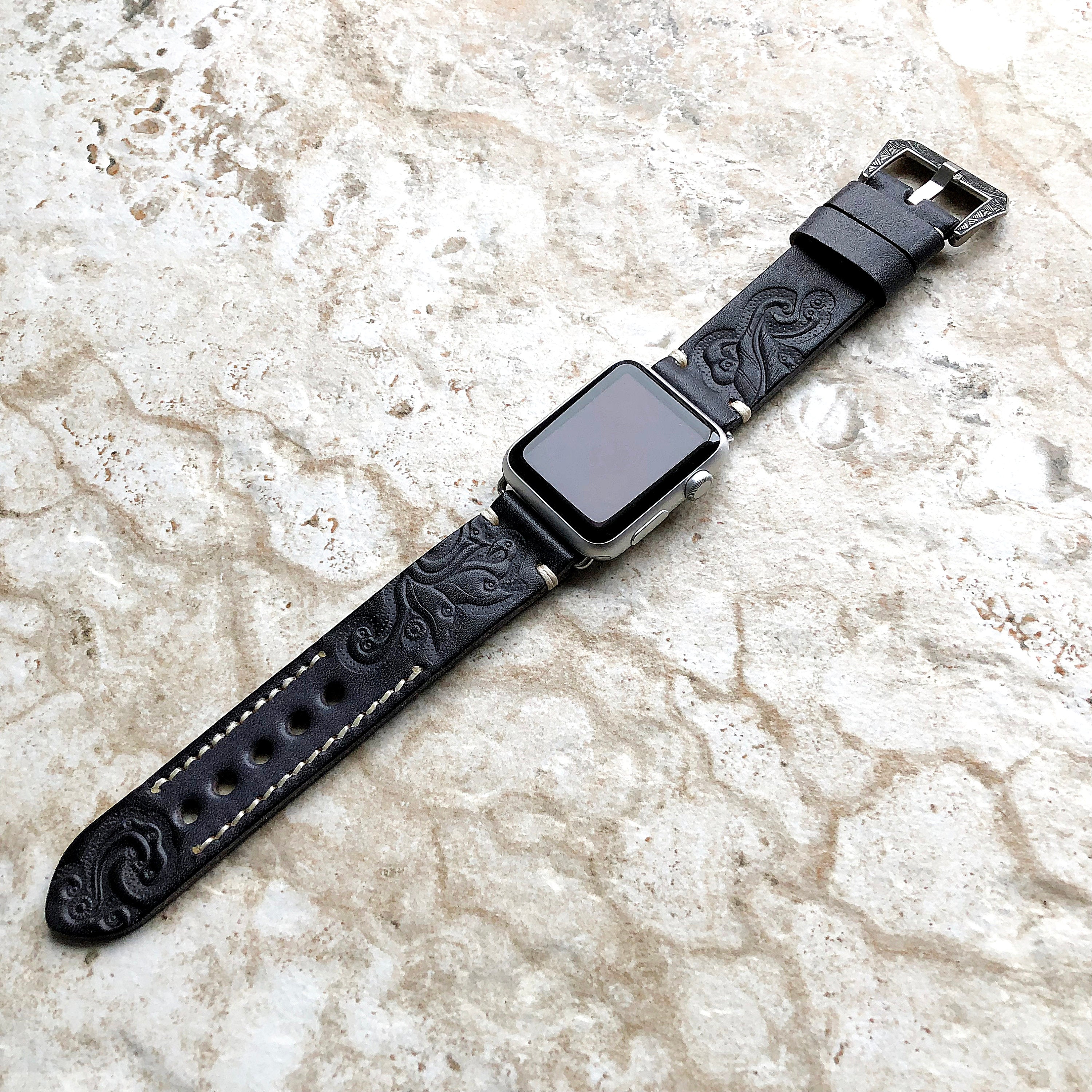 Apple Watch Band, Sera Hand-Engraved Embossed Leather, Fits Ultra To Series 3