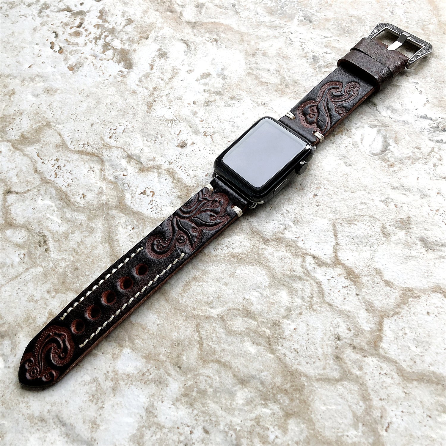 Apple Watch Band, Sera Hand-Engraved Embossed Leather, Fits Ultra To Series 3