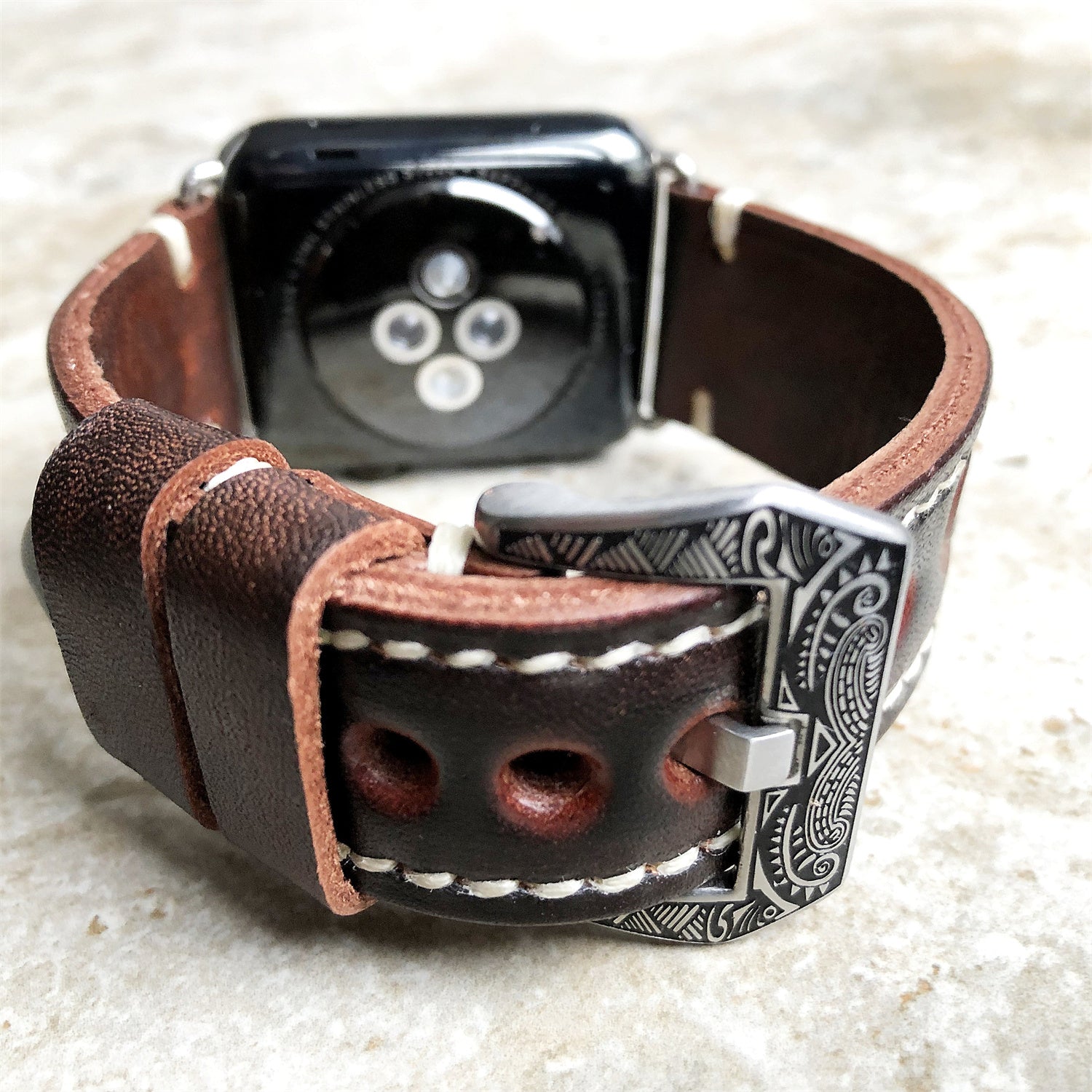 Apple Watch Band, Sera Hand-Engraved Embossed Leather, Fits Ultra To Series 3