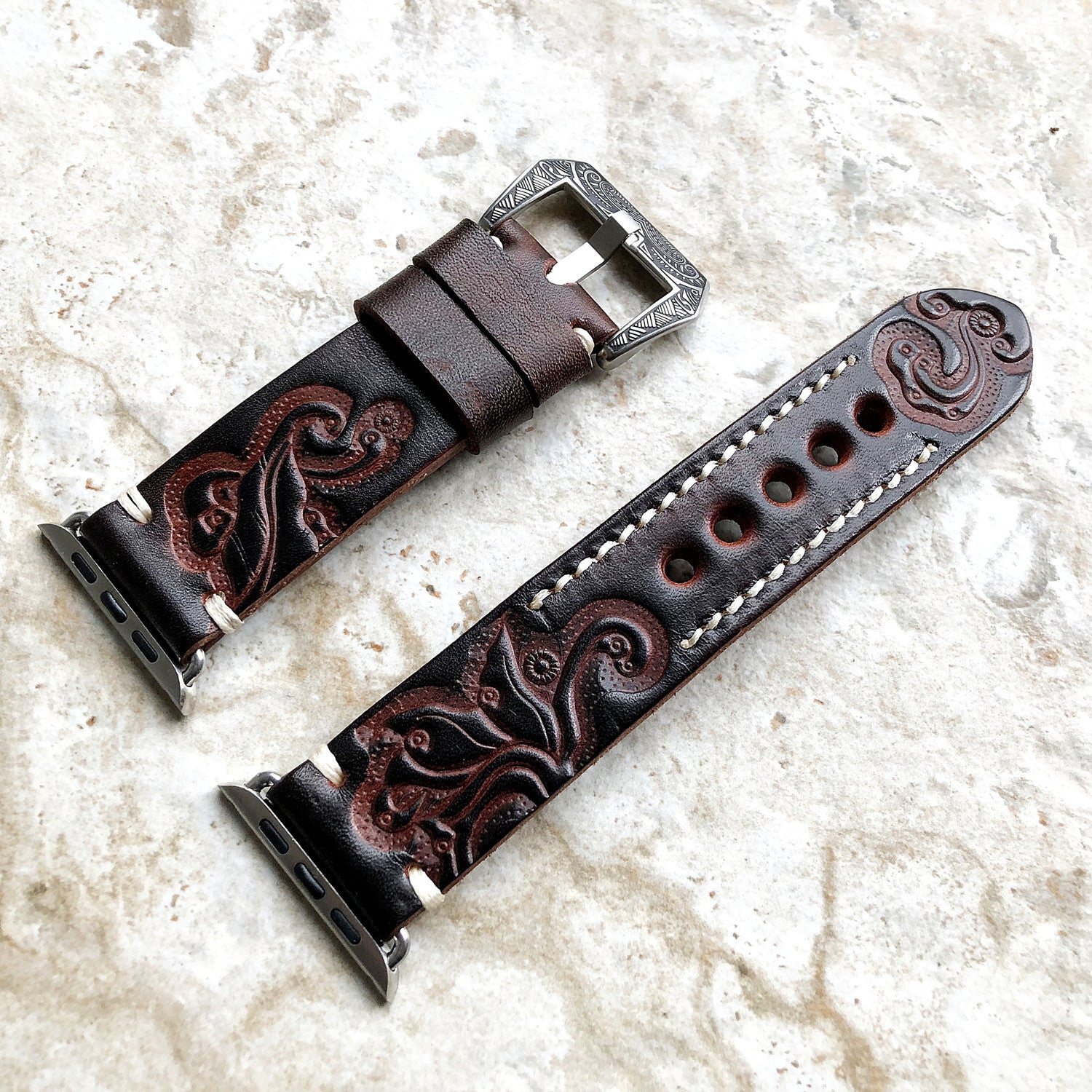 Apple Watch Band, Sera Hand-Engraved Embossed Leather, Fits Ultra To Series 3