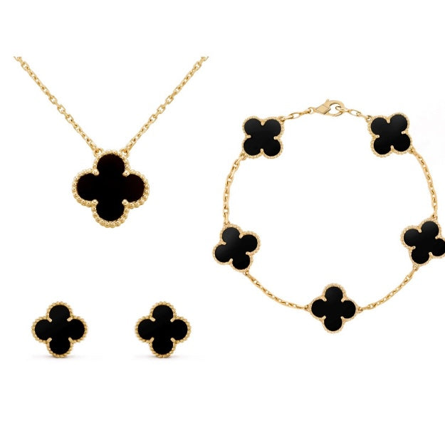 Amber Clover Jewelry Set, Necklace, Bracelet & Earrings, Gold Plated