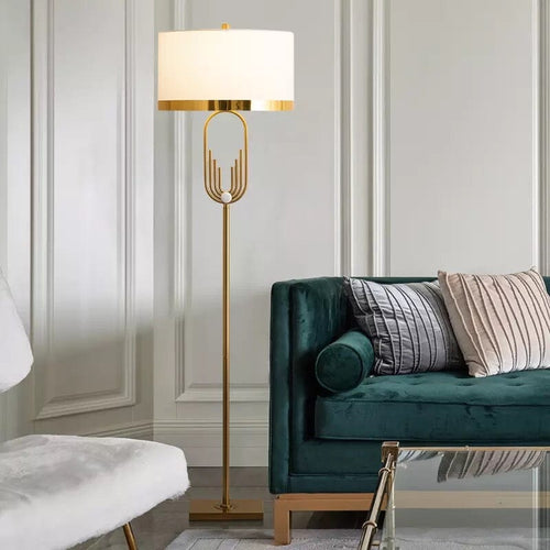 Aurelia Gold Floor Lamp in Art Deco Style, Fabric Shade & Remote