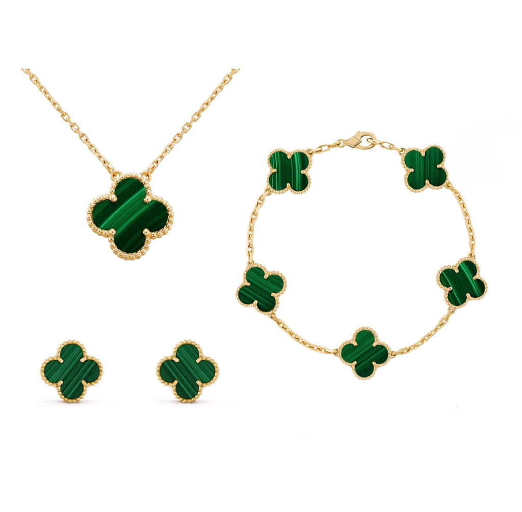 Amber Clover Jewelry Set, Necklace, Bracelet & Earrings, Gold Plated