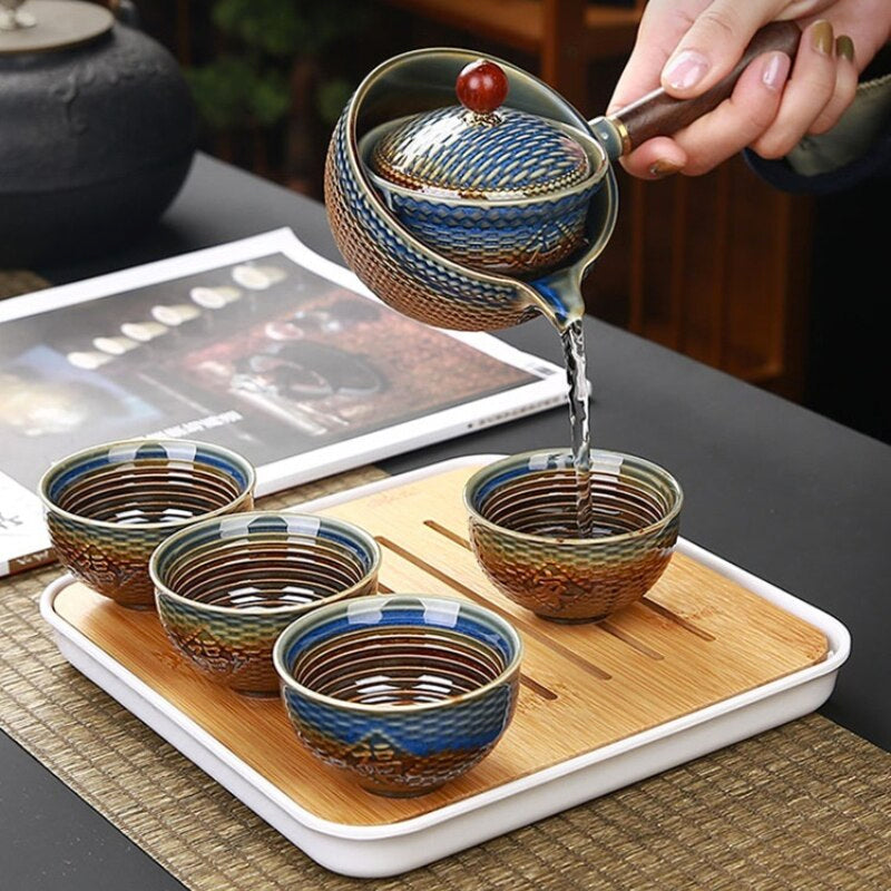 Gongfu Cha Tea Set, Aurelia Ceramic Rotating Teapot & Cups