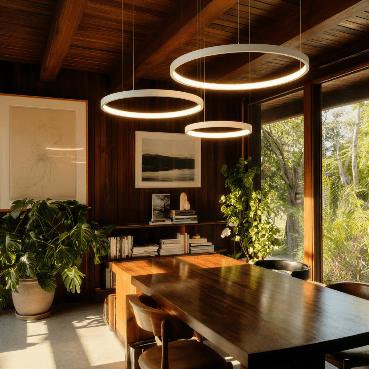 Aurora Circle Chandelier With Soft Halo Lighting Above Dining