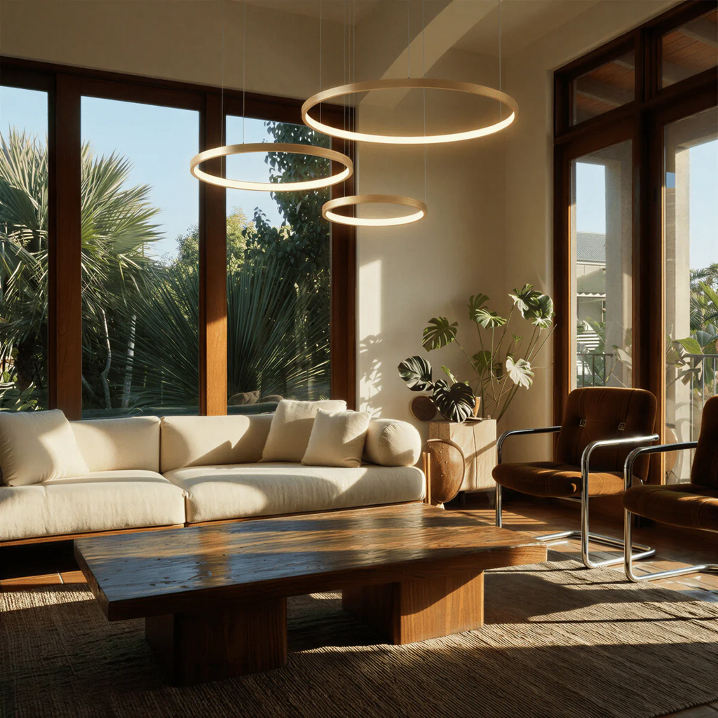 Aurora Circle Chandelier With Soft Halo Lighting Above Dining