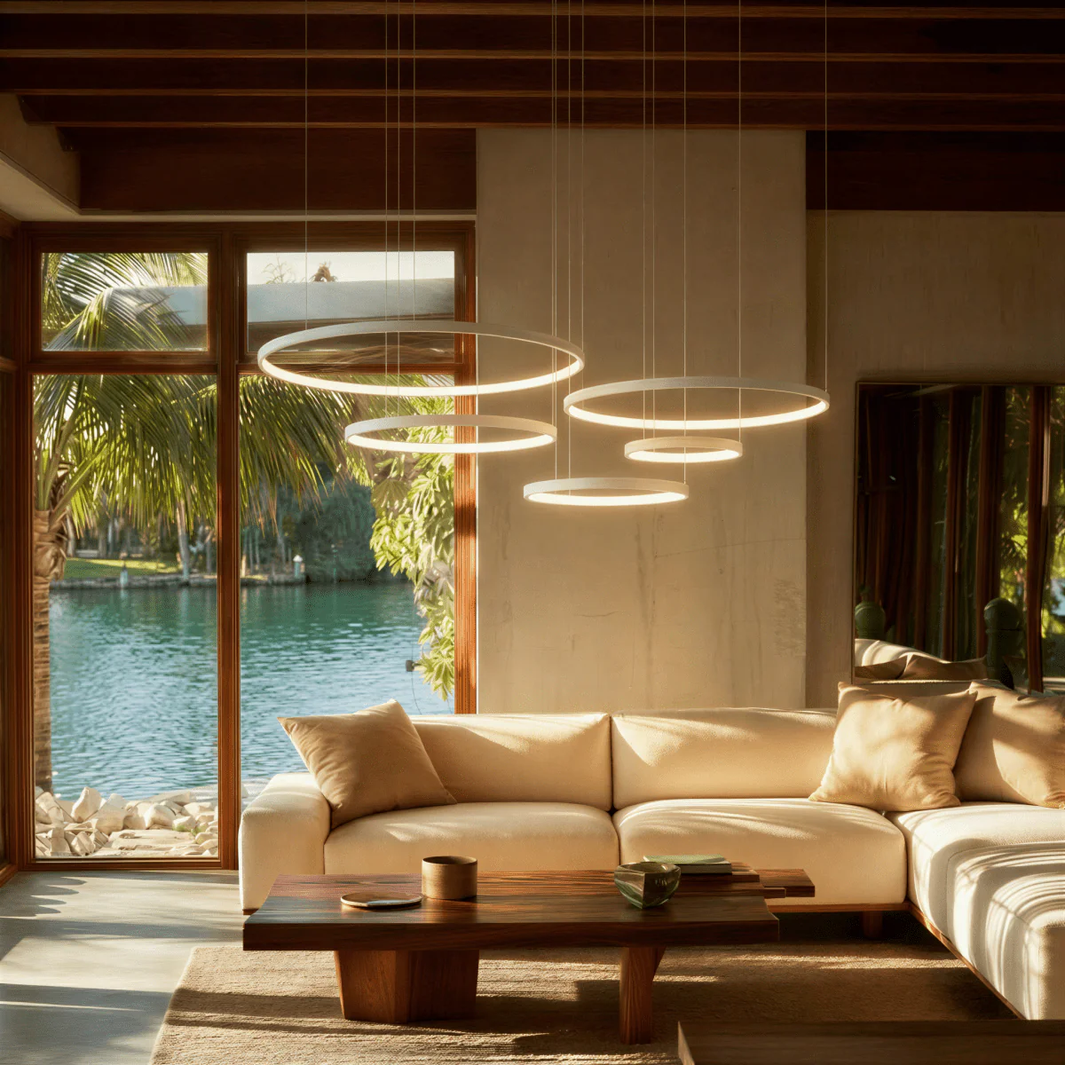 Aurora Circle Chandelier With Soft Halo Lighting Above Dining