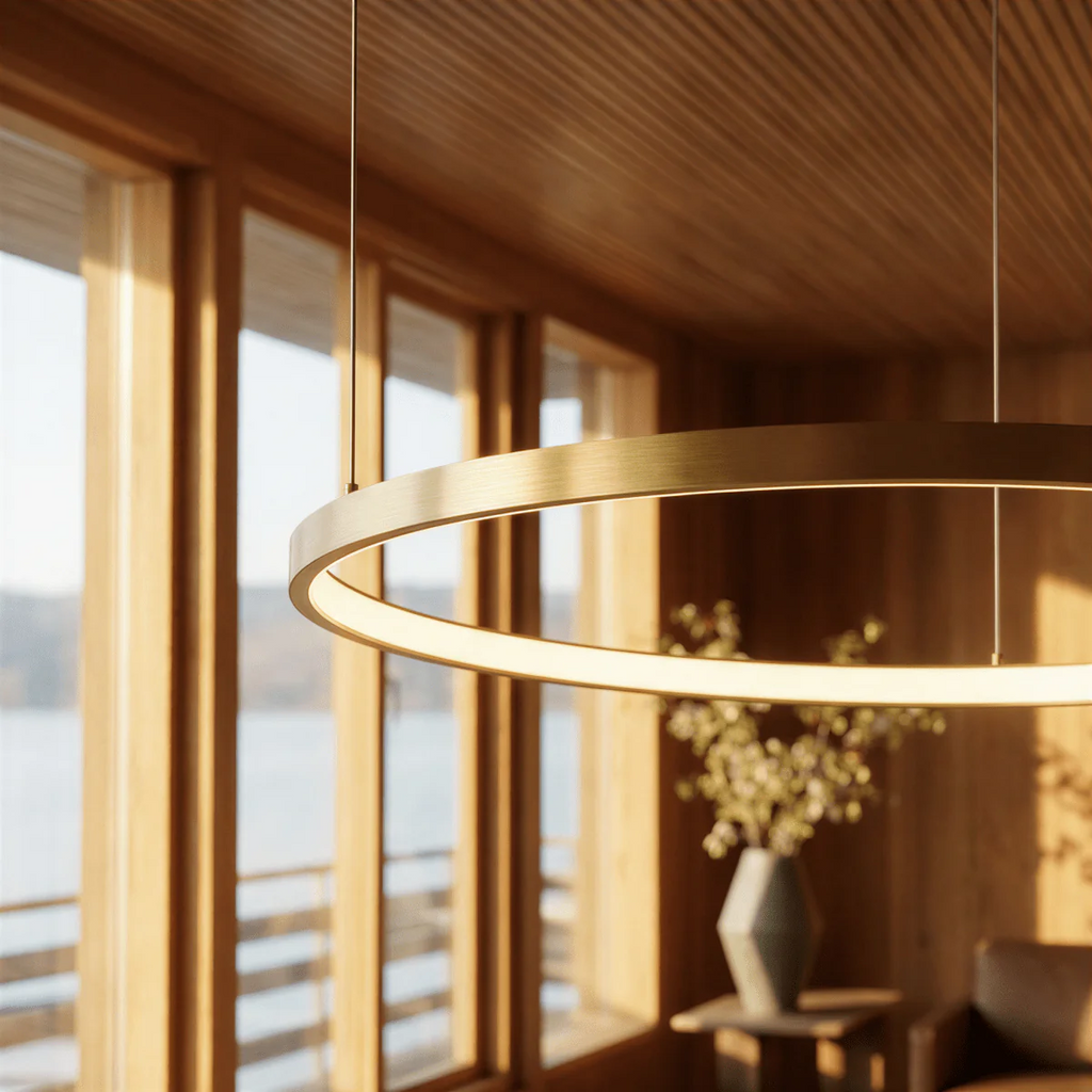 Aurora Circle Chandelier With Soft Halo Lighting Above Dining