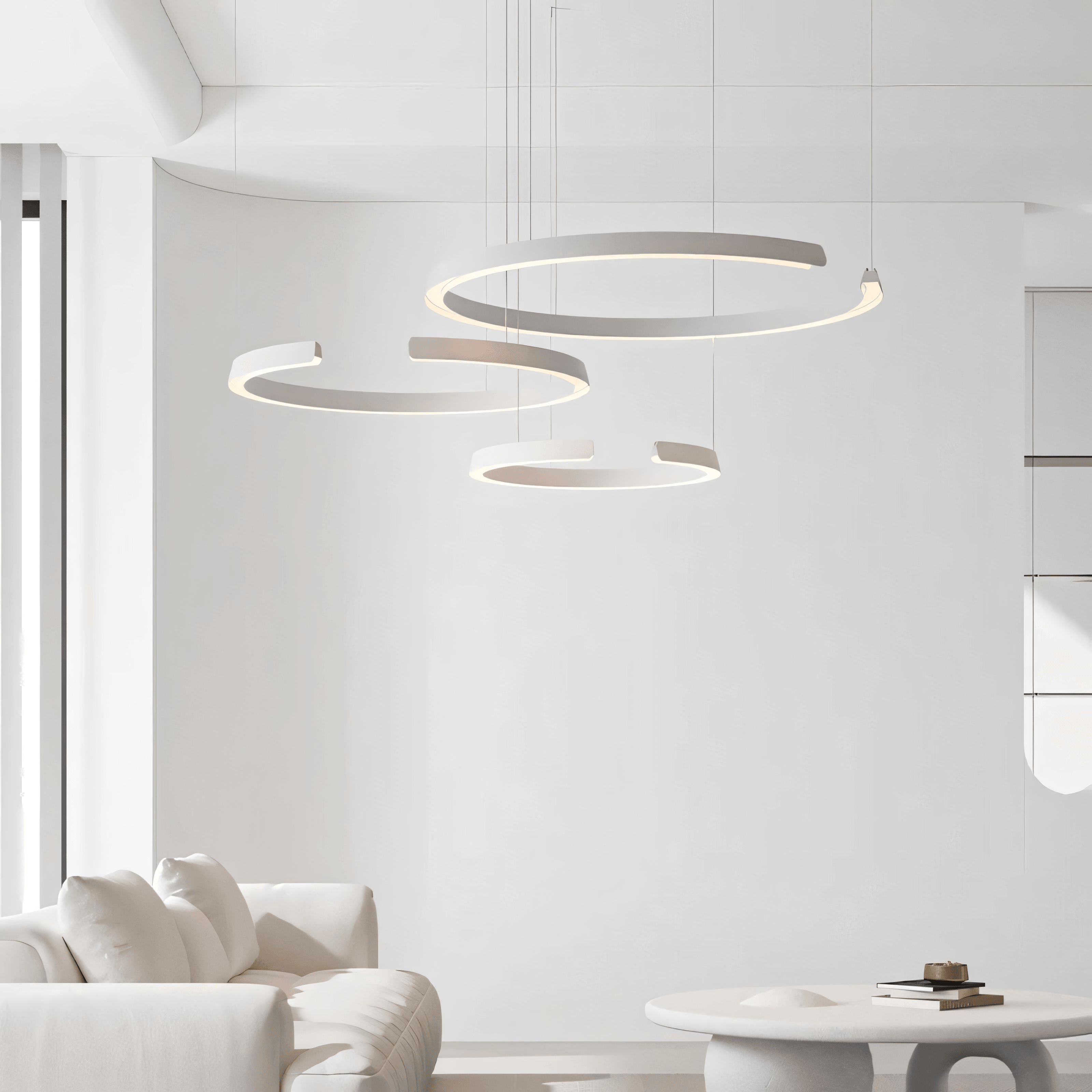 Lampadario a sospensione Marvella a forma di anello in design geometrico, nero o bianco, 60-100 cm