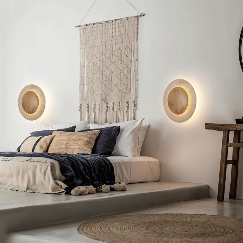 Circular Travertine Wall Lamp With Wooden Core Gentle Indirect Glow