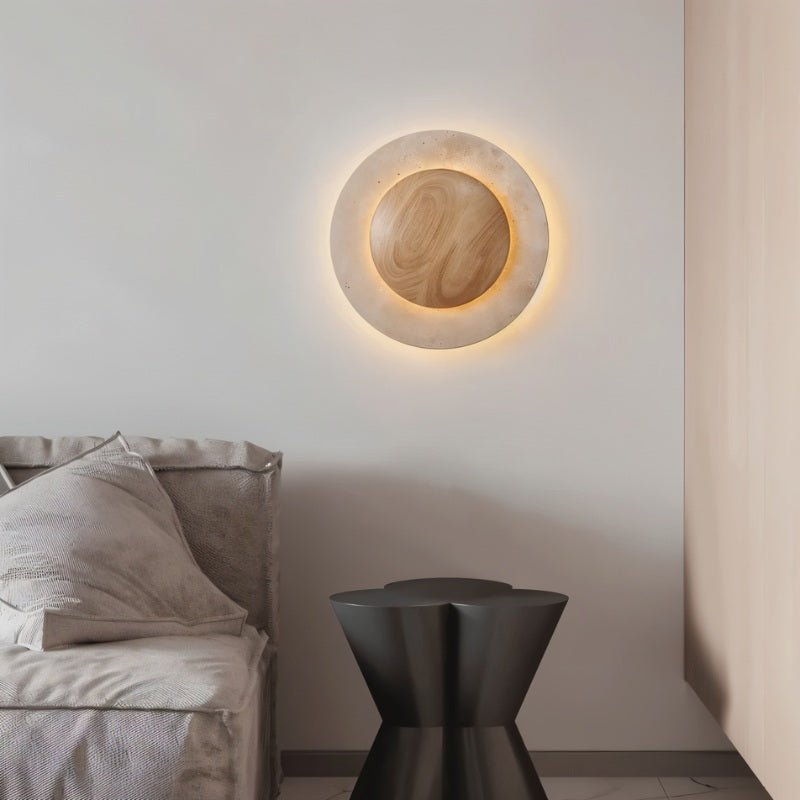 Circular Travertine Wall Lamp With Wooden Core Gentle Indirect Glow
