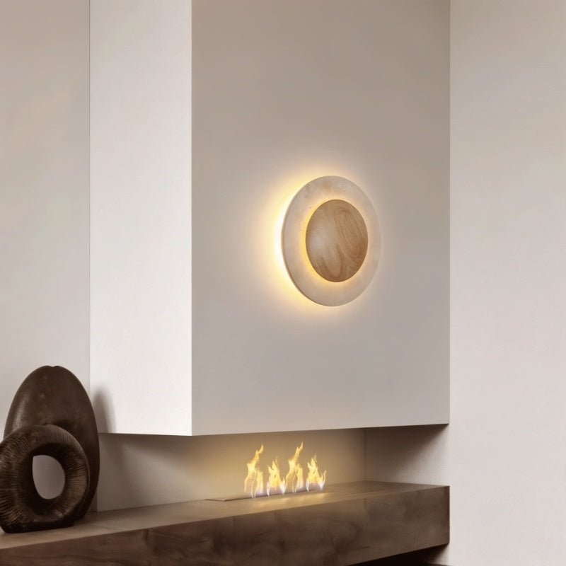 Circular Travertine Wall Lamp With Wooden Core Gentle Indirect Glow