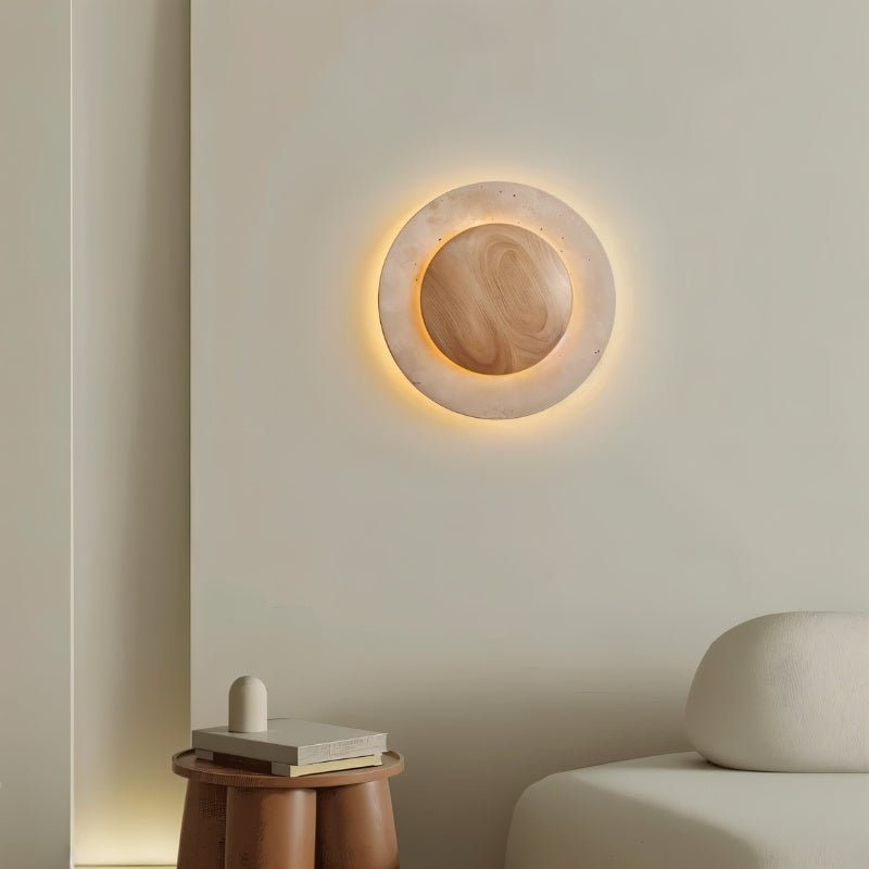 Circular Travertine Wall Lamp With Wooden Core Gentle Indirect Glow