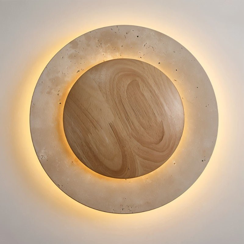 Circular Travertine Wall Lamp With Wooden Core Gentle Indirect Glow